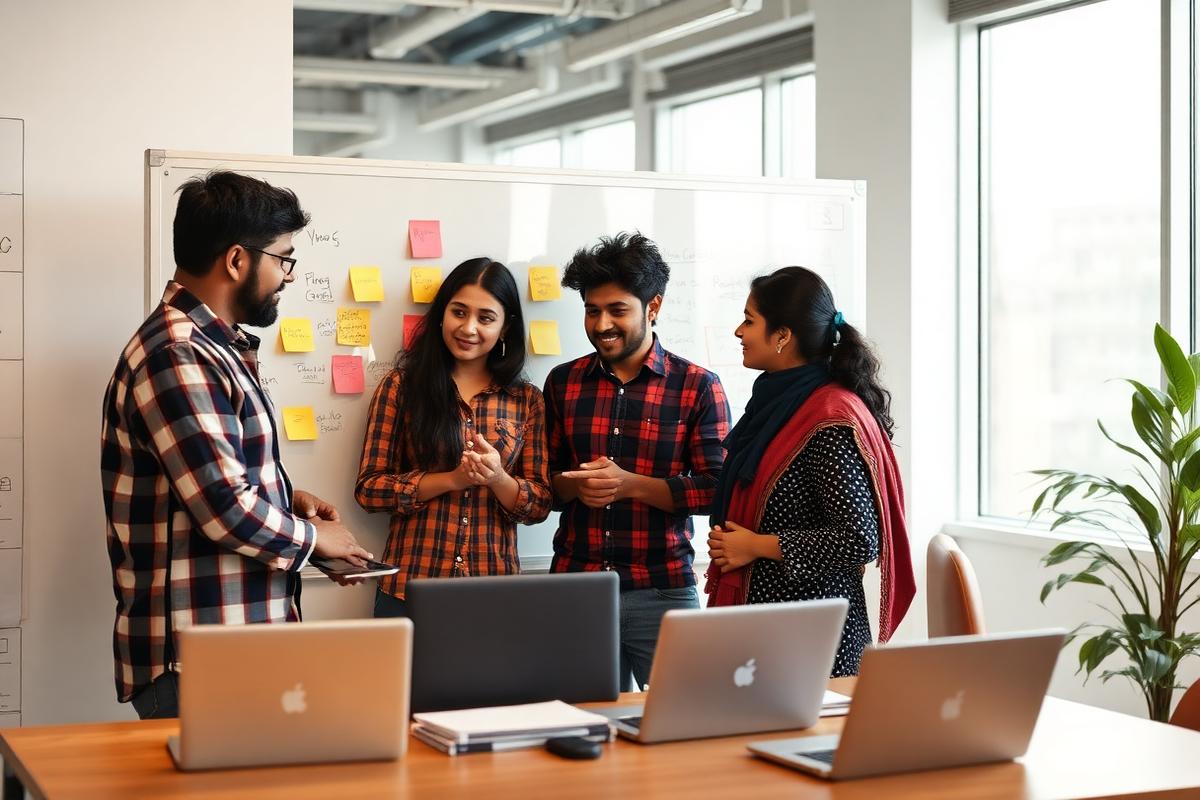 A product team working together at a whiteboard